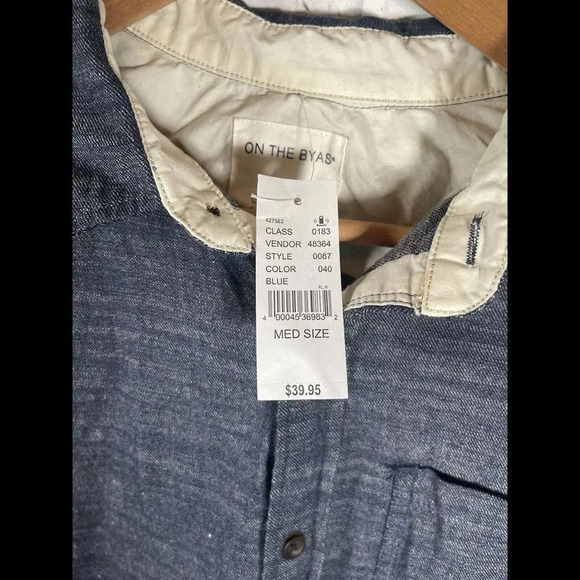 Men’s On The Byas Long Sleeve Button Up Navy Blue Jean Colored Shirt, Medium - Picture 3 of 5